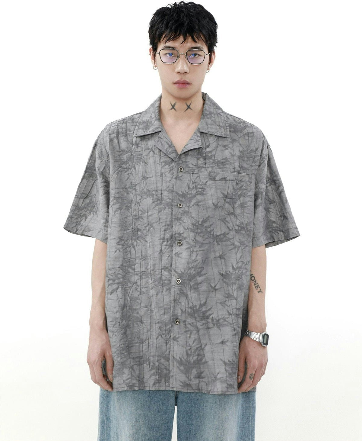 Leaves Pattern Short Sleeve Button-Up Shirt