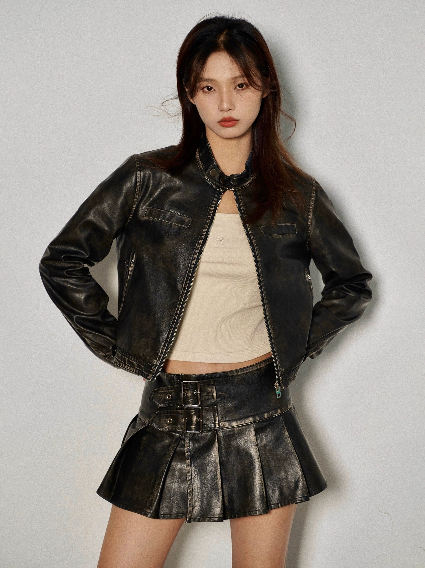 Slim Vintage Wash Faux Leather Zip-Up Jacket and Pleated Skirt Set