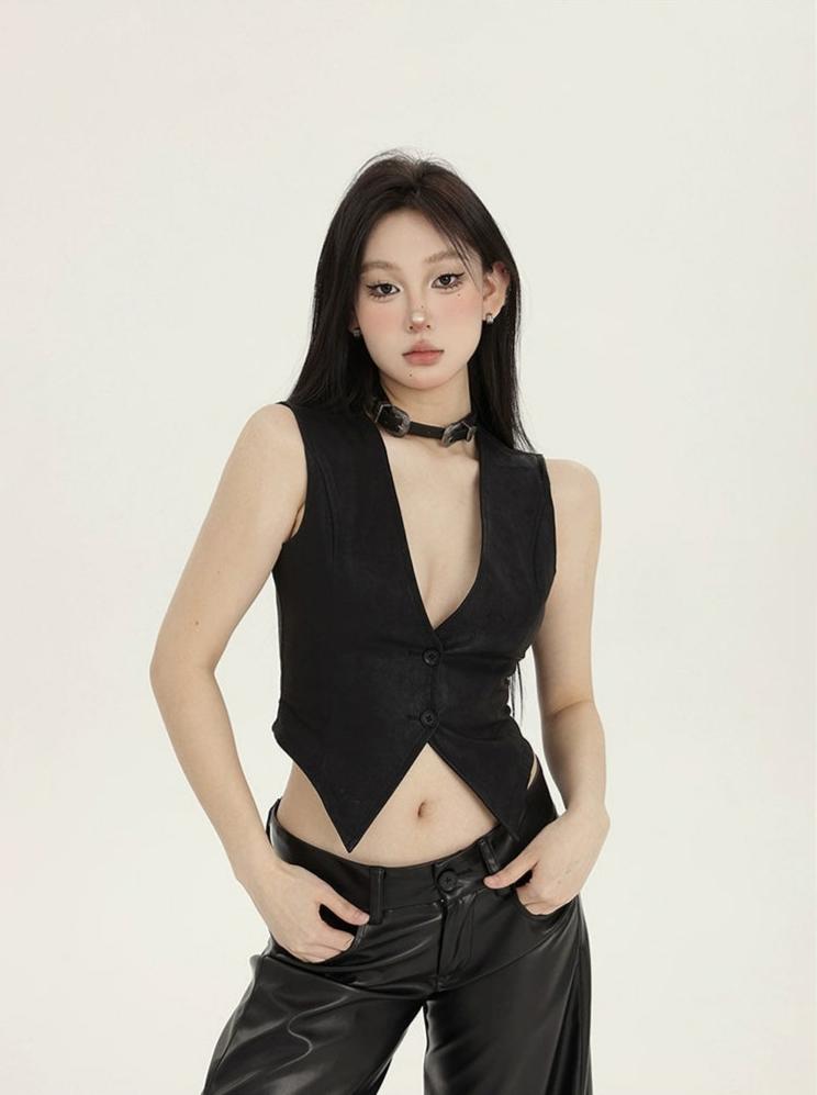 Slim V-Neck Cropped Button Vest