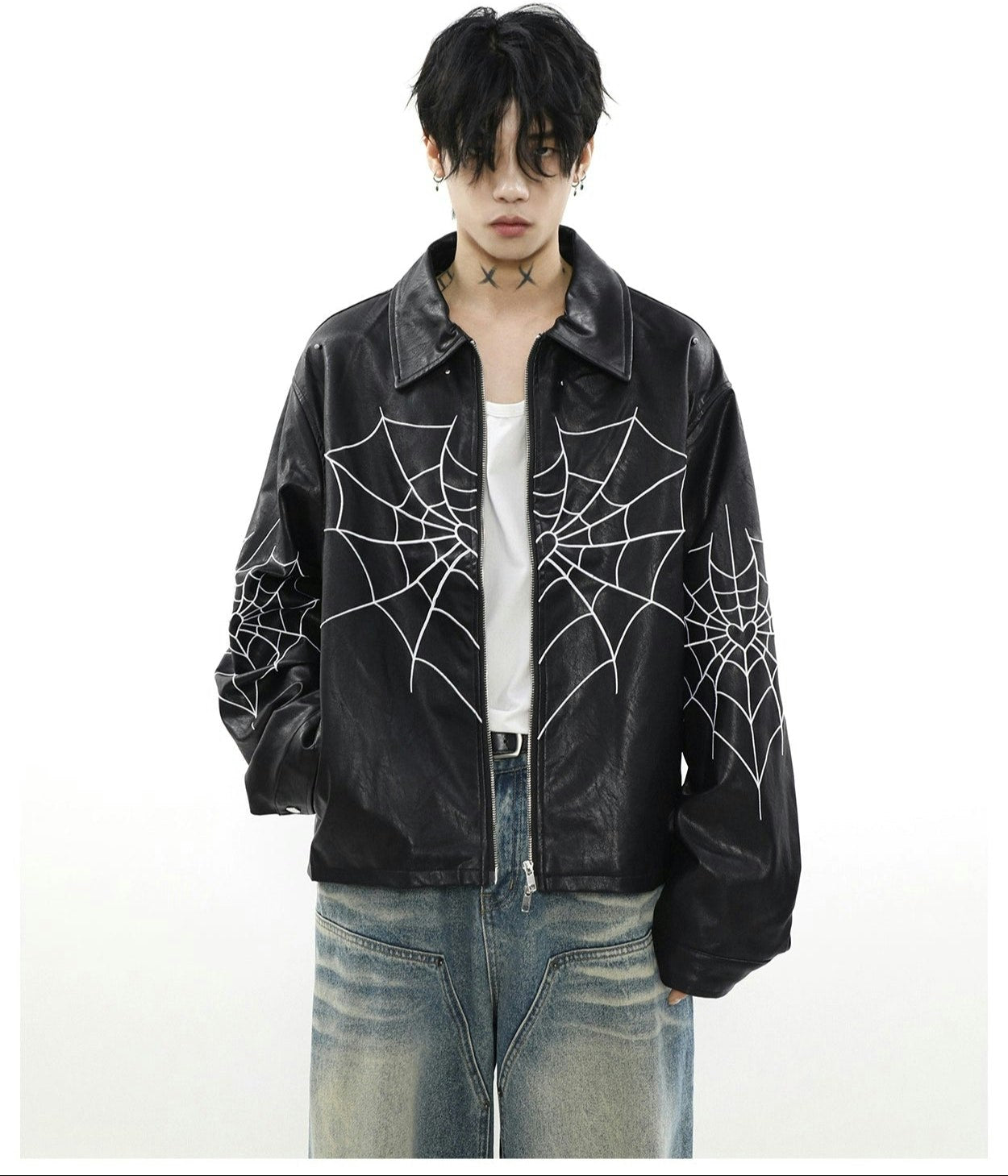 Spiderweb Print Faux Leather Bomber Jacket