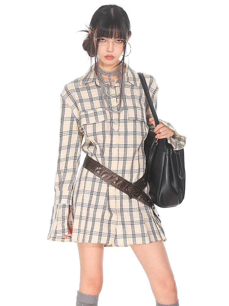 Flare Long Sleeve Pleated Mini Shirt-Dress