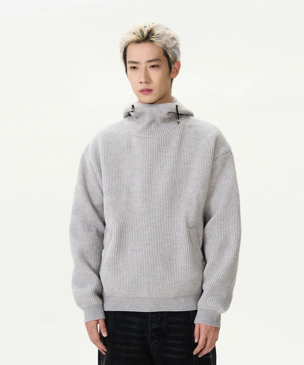 Ribbed High Collar Hoodie Knit Sweater