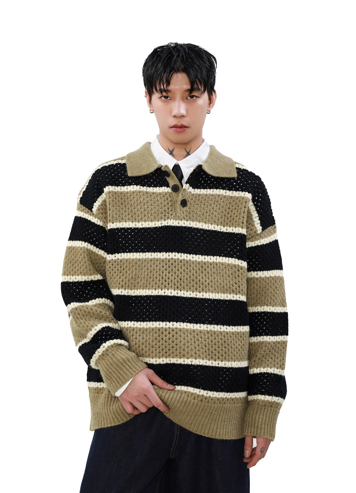 Striped Knit Half Button Collared Sweater