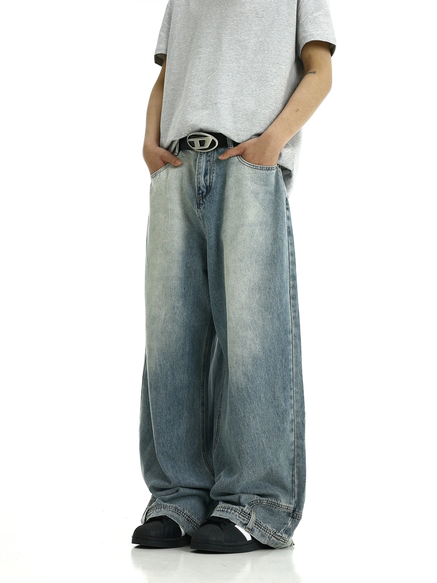 Faded Wide-Leg Upside-Down Effect Bootcut Jeans