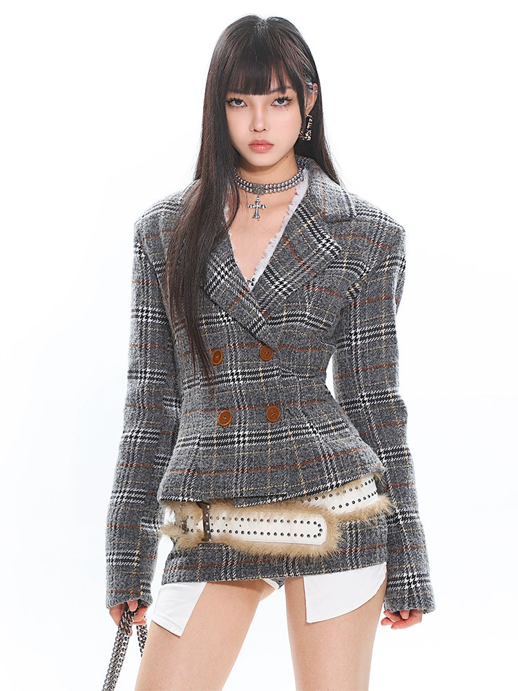 Double-Breasted Plaid Blazer and Micro Mini Skirt Two Piece Set