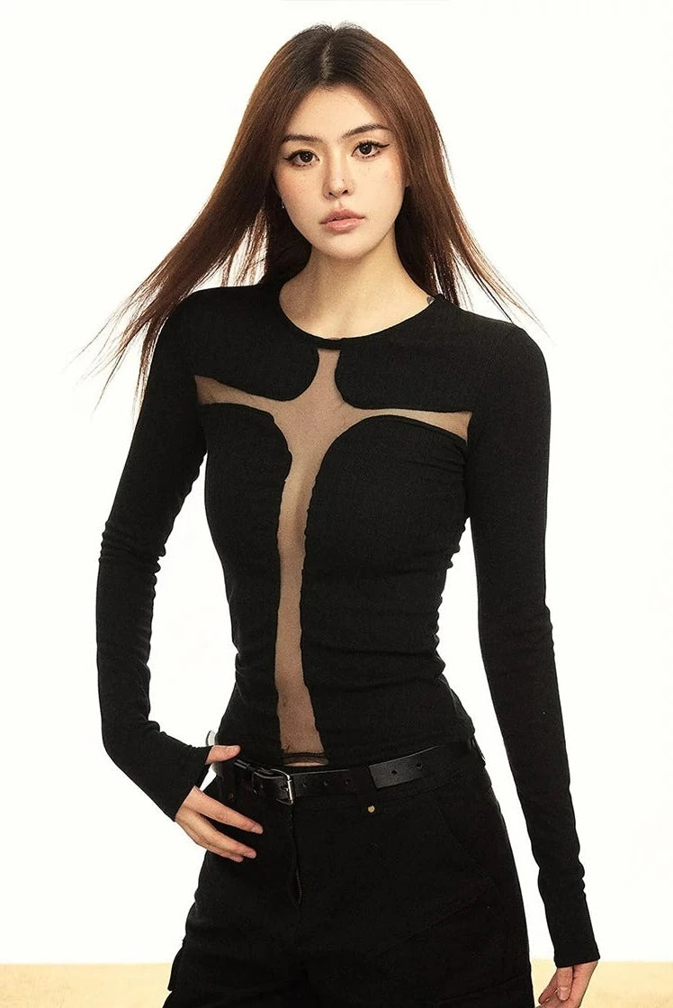 Mesh Panel Cross-Cutout Long Sleeve Crop Top