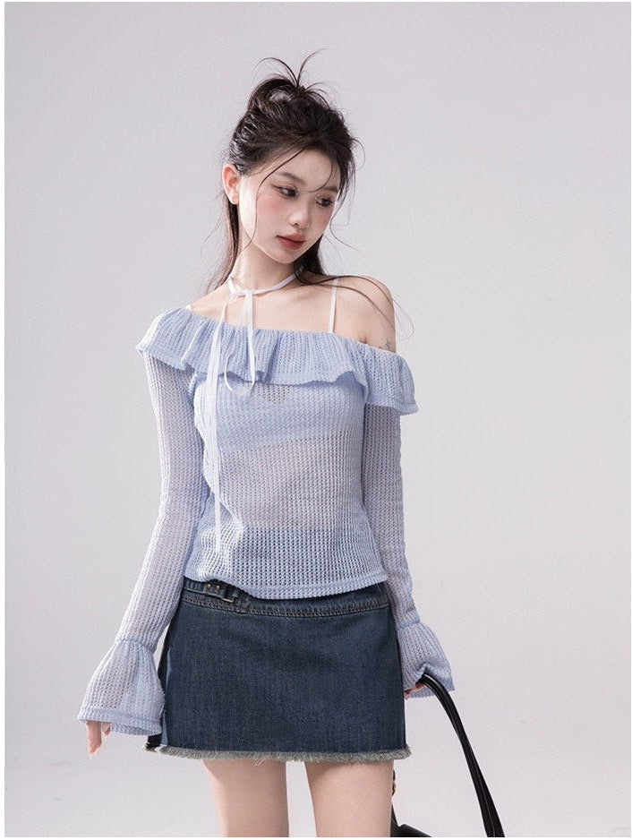 Ribbed Off-Shoulder Ruffle Trim Top