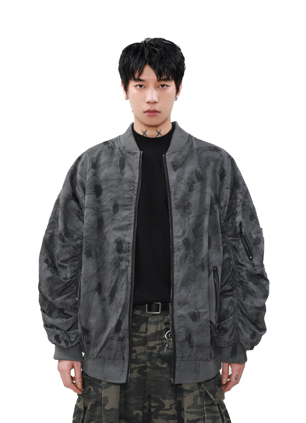 Oversized Abstract Print Bomber Jacket with Zip Pockets