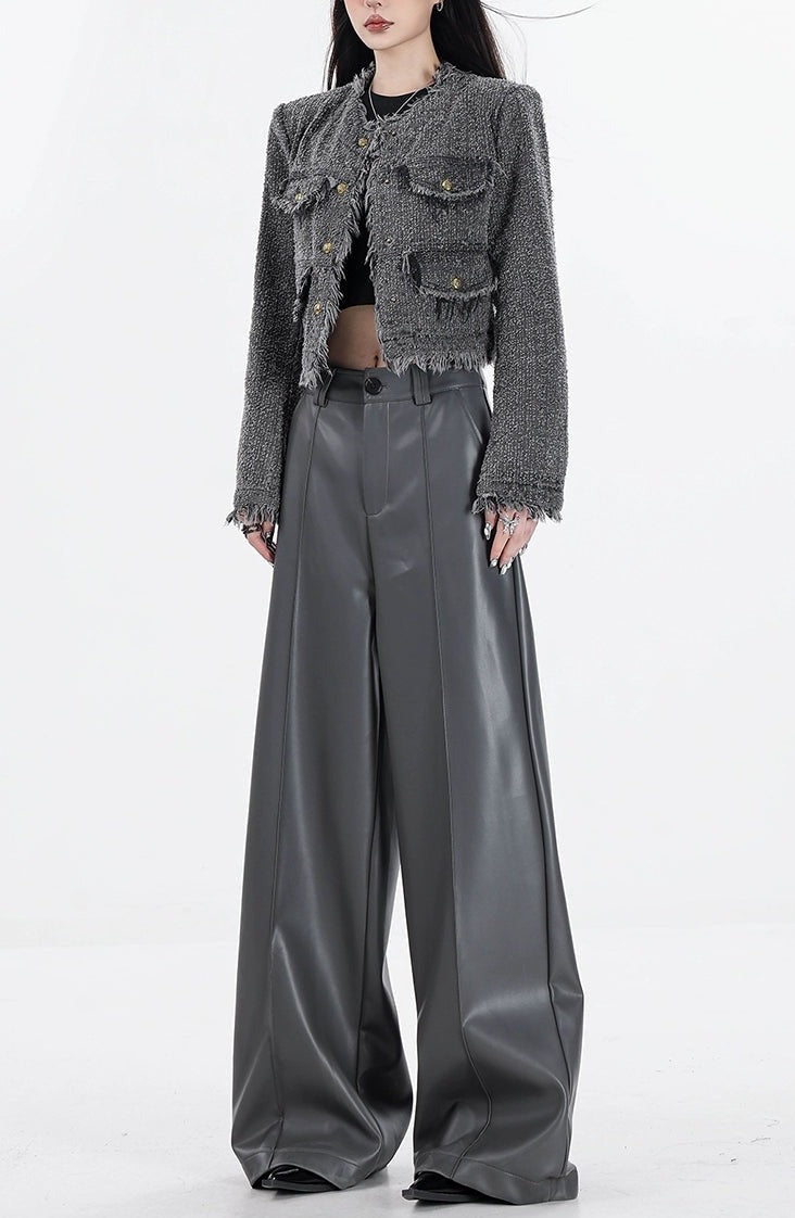 Wide Leg Single-Pleat Faux Leather Pants