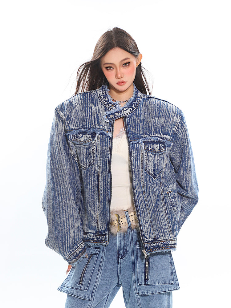 Distressed Trim Stripe-Washed Boxy Denim Jacket