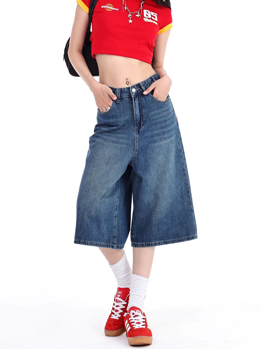 Denim Wide-Leg Culotte Capri Flare Shorts