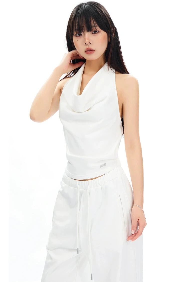 Cowl Neck Satin Halter Crop Top