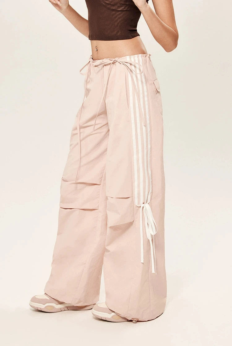 Side Stripe Parachute Pants with Ribbon Details