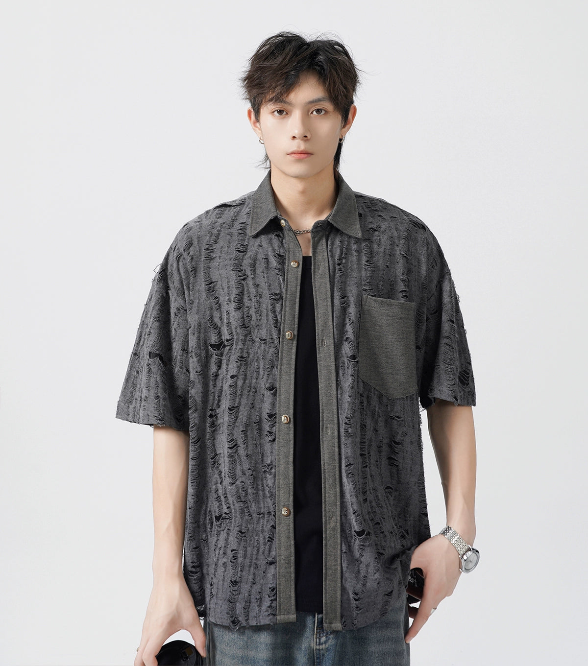 Slim Distressed Textured Button-Down Short Sleeve Shirt