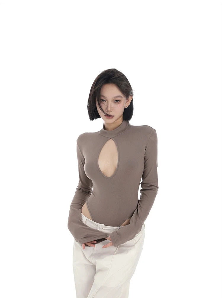 Keyhole Cutout Mock Neck Long Sleeve Bodysuit