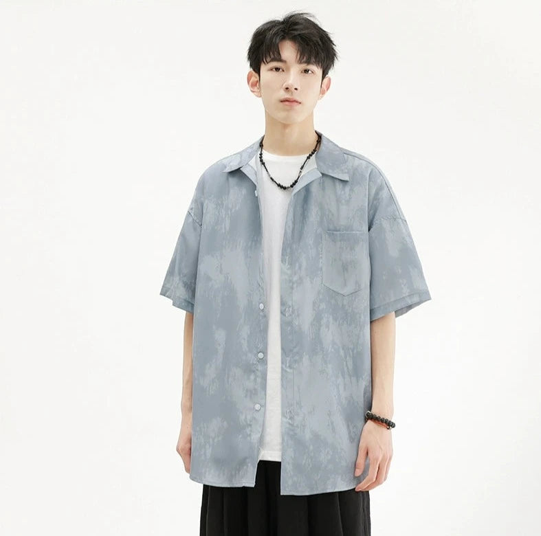 Short Sleeve Sheer Cloud Print Button Shirt