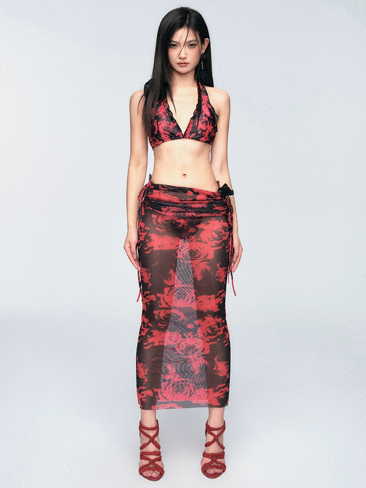 Rose-Print Bikini with Maxi Wrap Sarong Skirt Set