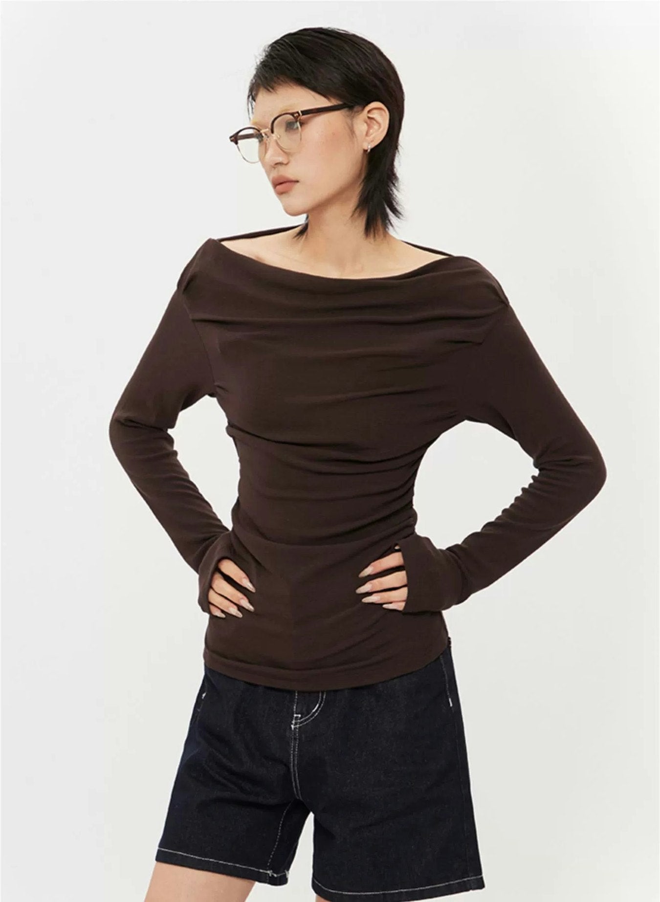 Off-Shoulder Long Sleeve Ruched Top