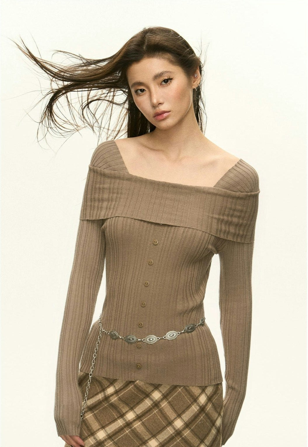 Ribbed Off-Shoulder Mock Buttoned Long Sleeve Top