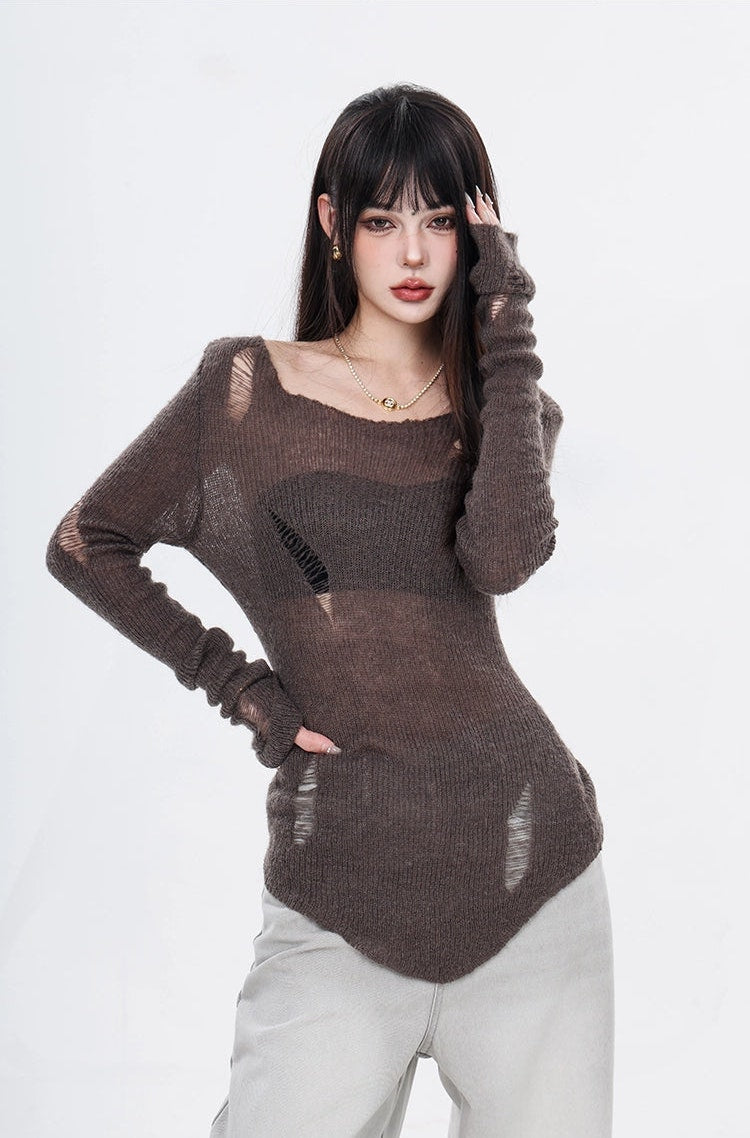 Distressed Hollow-Out Long Sleeve Knit Top