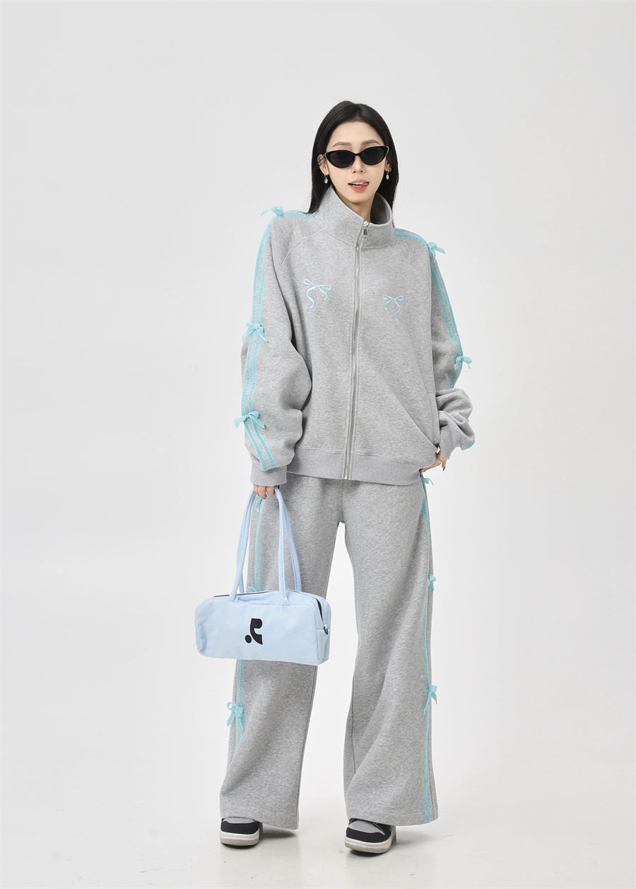 Ribbon-Bow Stripe Track Zip-Up Jacket and Pants Sweatsuit Set