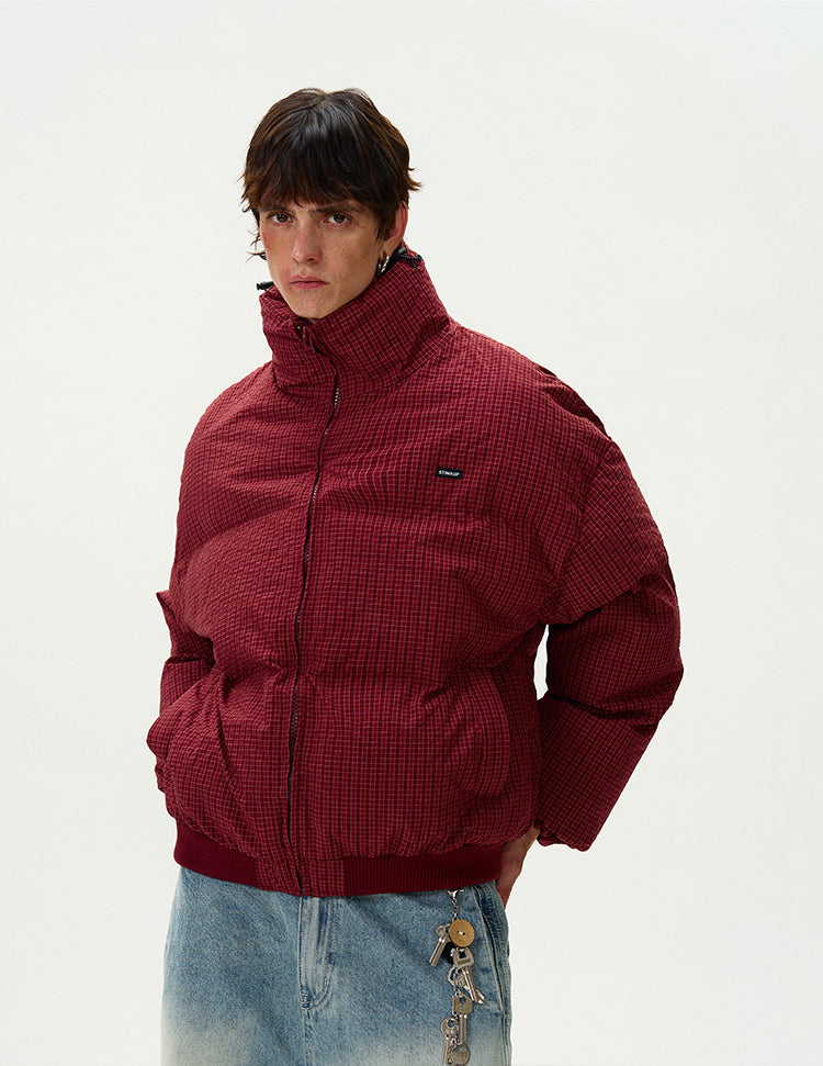 Checker Stand Collar Drop Shoulder Puffer Jacket