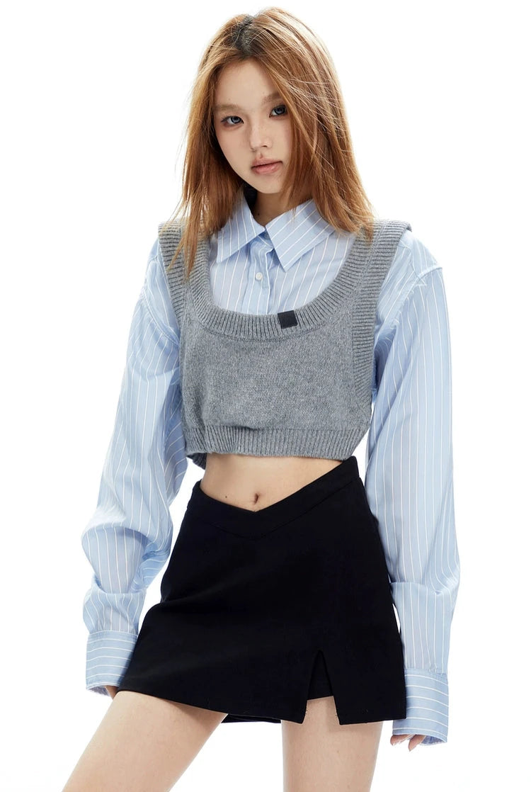 Mock Two-Piece Stripe Button Cropped Shirt-Top