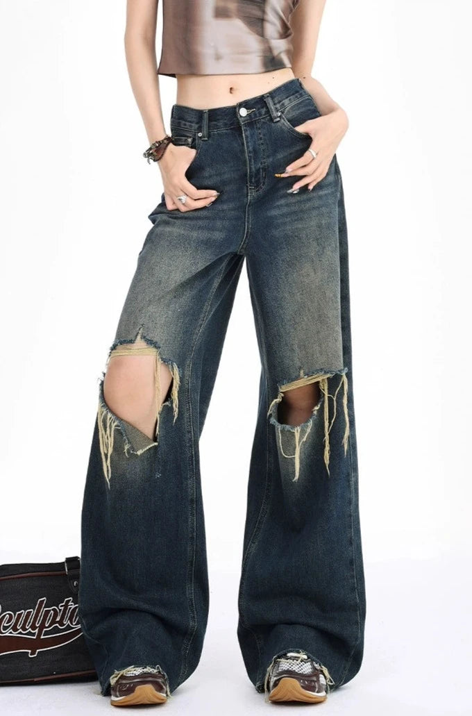 Distressed Wide-Leg Denim Jeans with Raw Hems