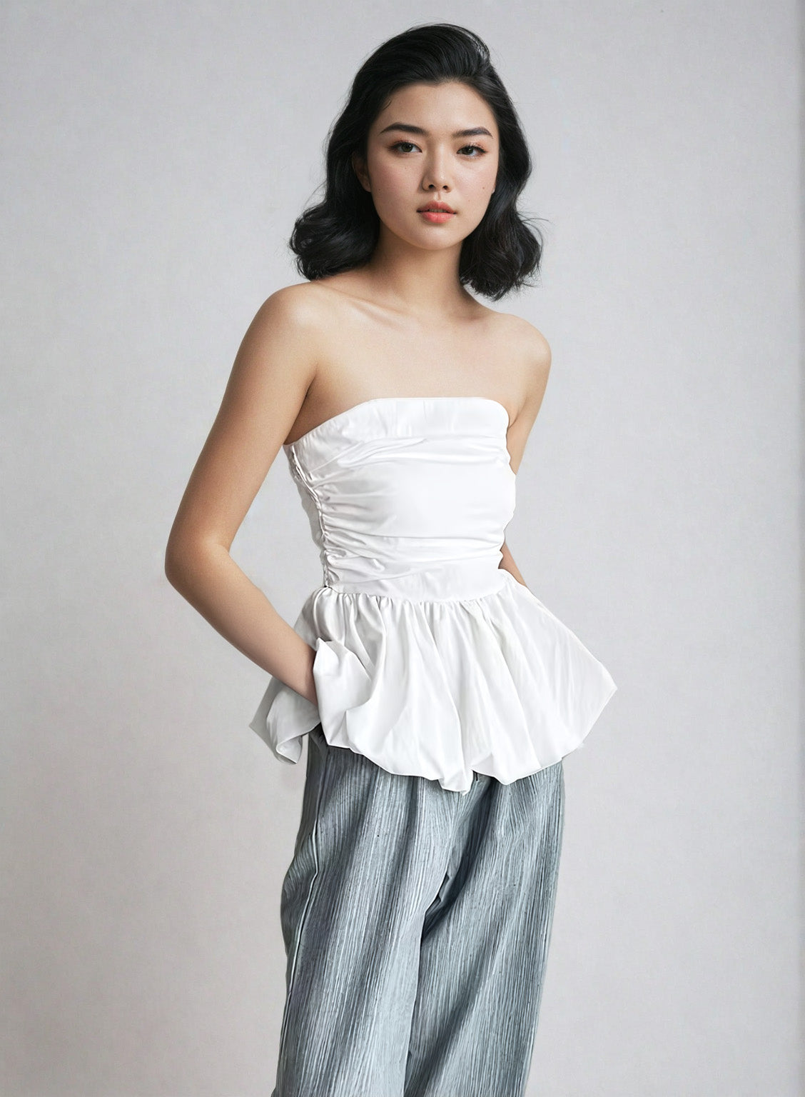 Strapless Peplum Bubble Hem Tube Top