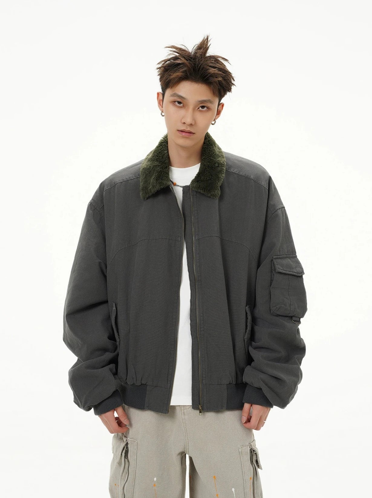 Fleece Lined Collar Zip-Up Bomber Jacket