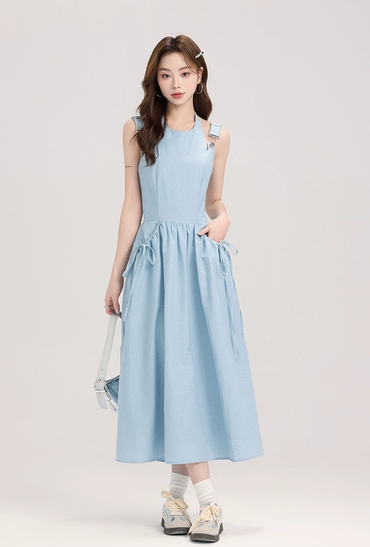 Sleeveless Midi Dress with Bow Tie Pockets