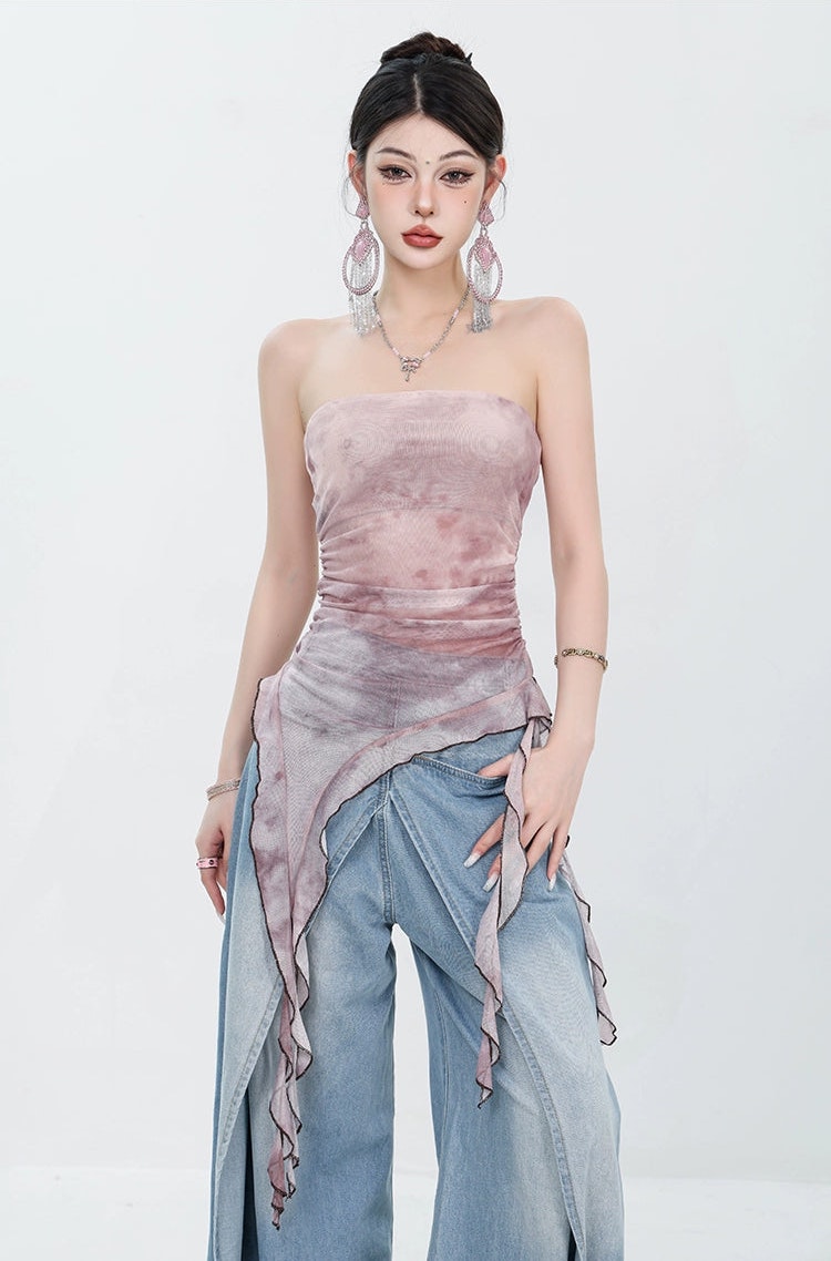 Tie-Dye Ruffled Mesh Tulle Tube Top