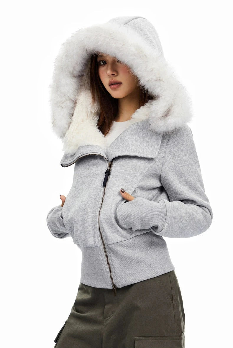 Fleece-Lined Hooded Jacket with Faux Fur Trim