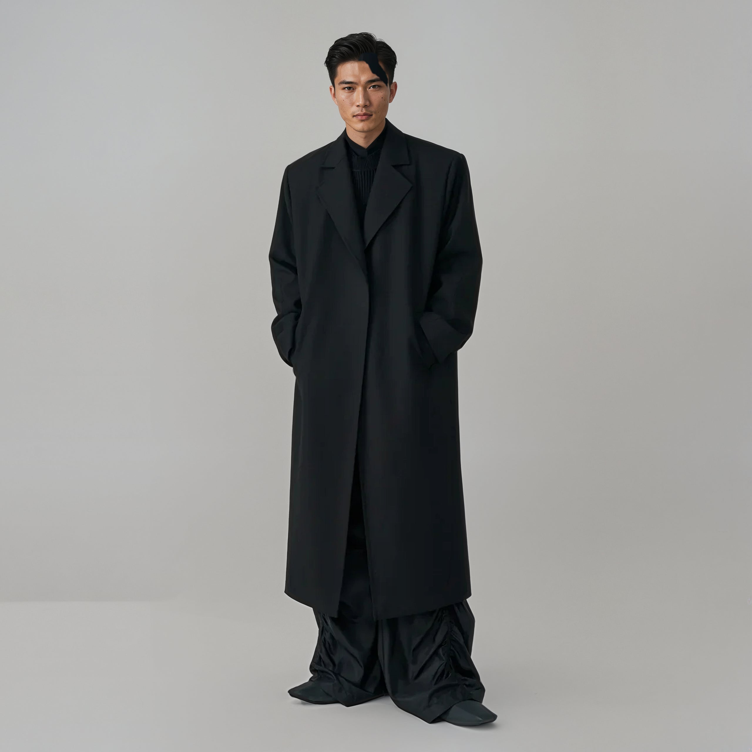 Longline Buttonless Overcoat with Notch Lapels