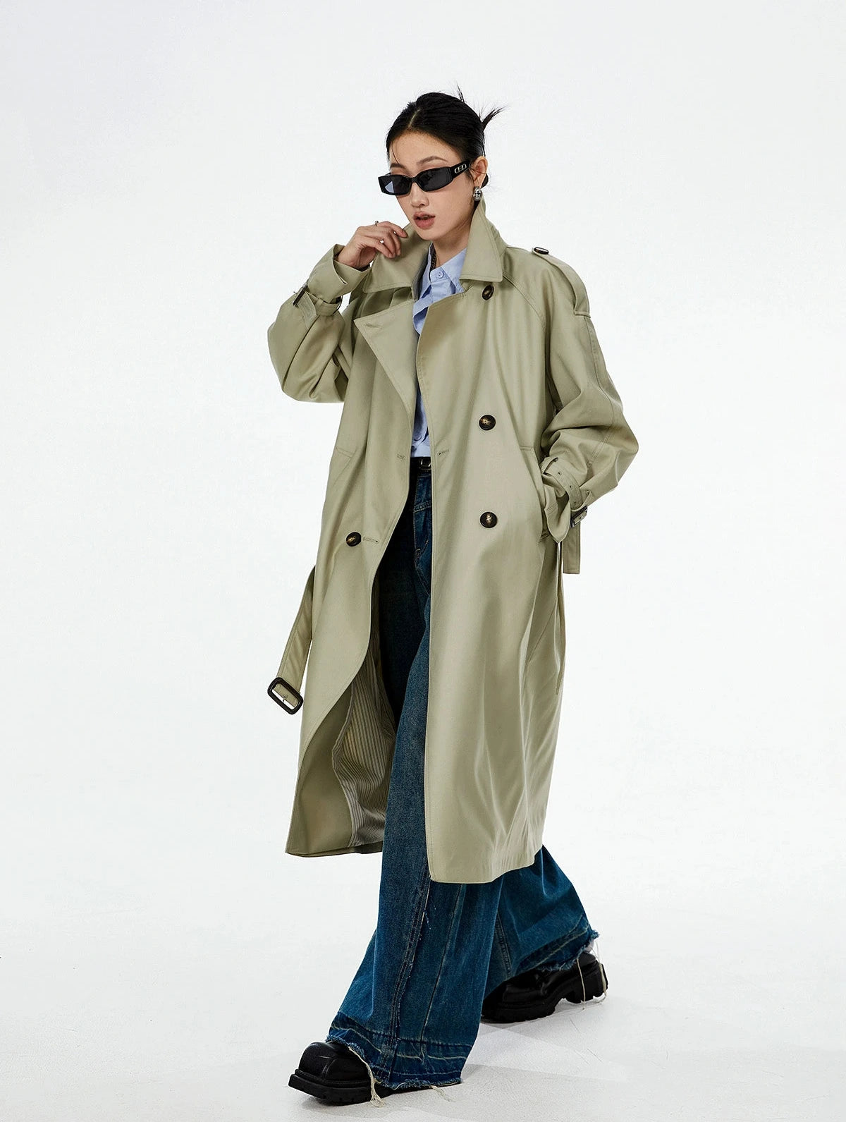 Oversized Trench Coat with Epaulettes and Belt Detail