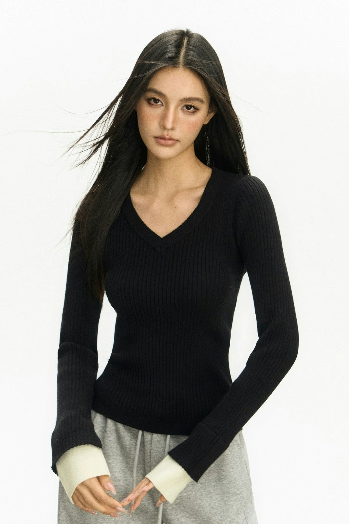 Ribbed V-Neck Two Tone Long Sleeve Knit Top