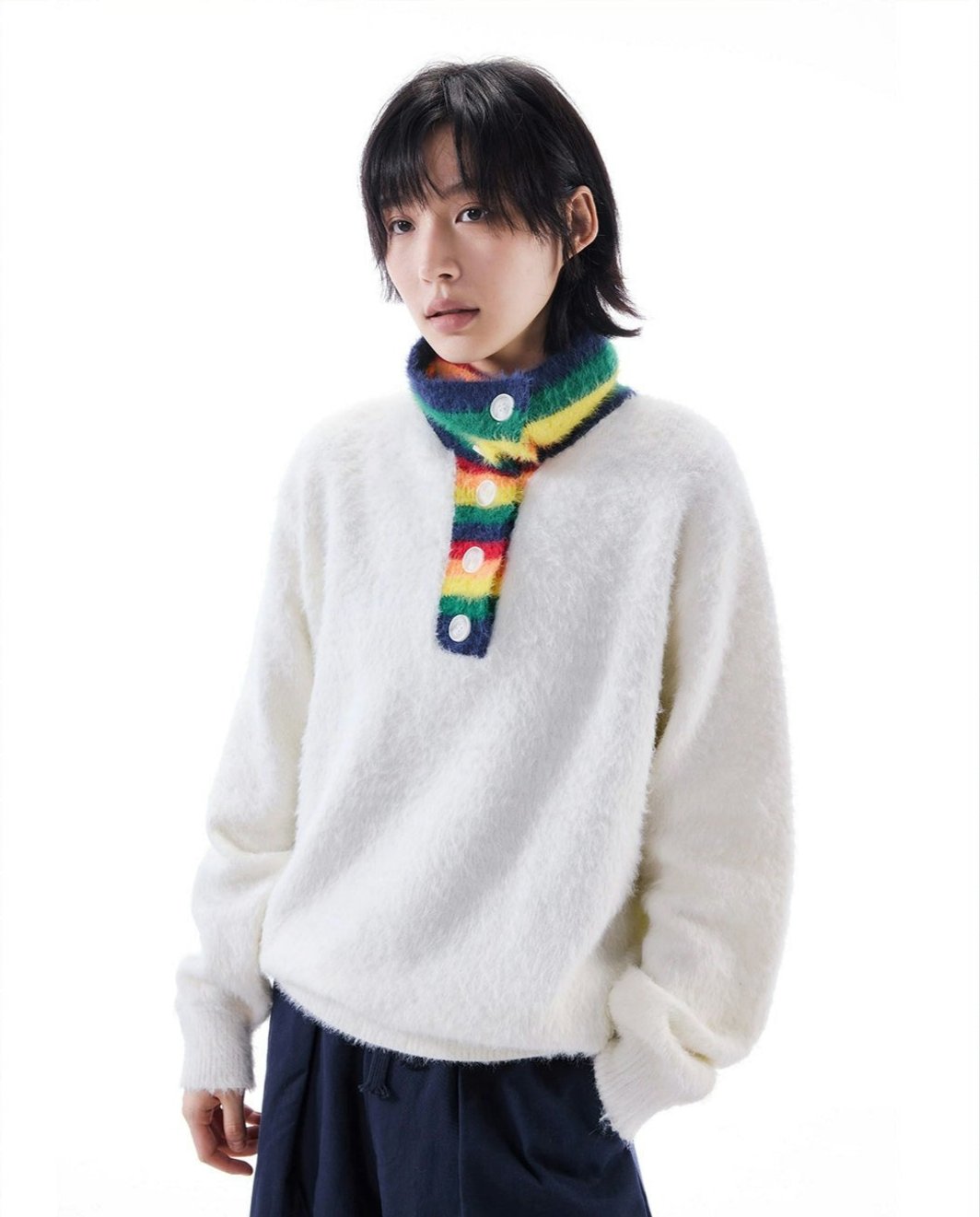 Fuzzy Oversized Sweater with Rainbow Collar Detail