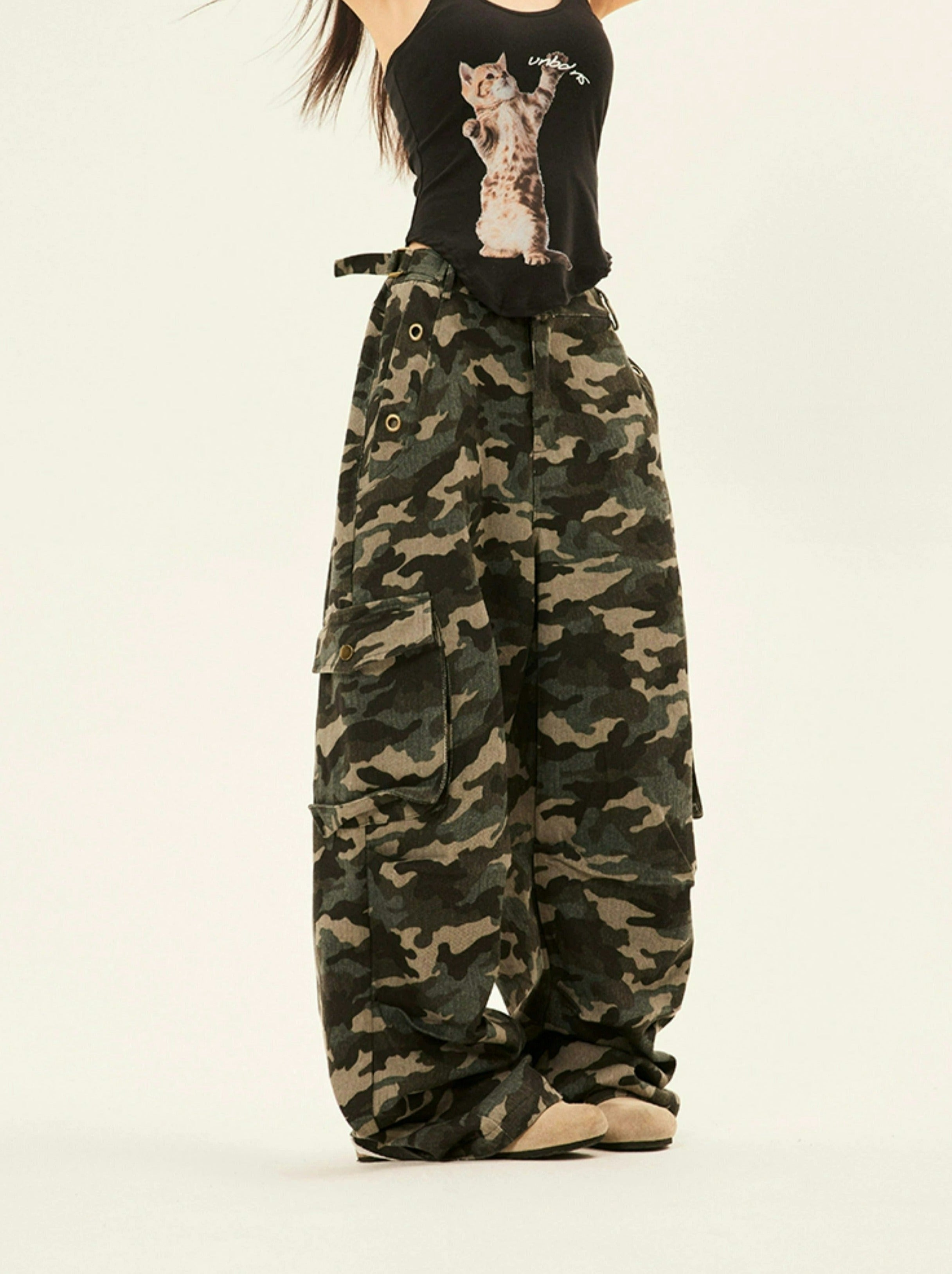 Camouflage Cargo Trousers with Double Side Belt Straps