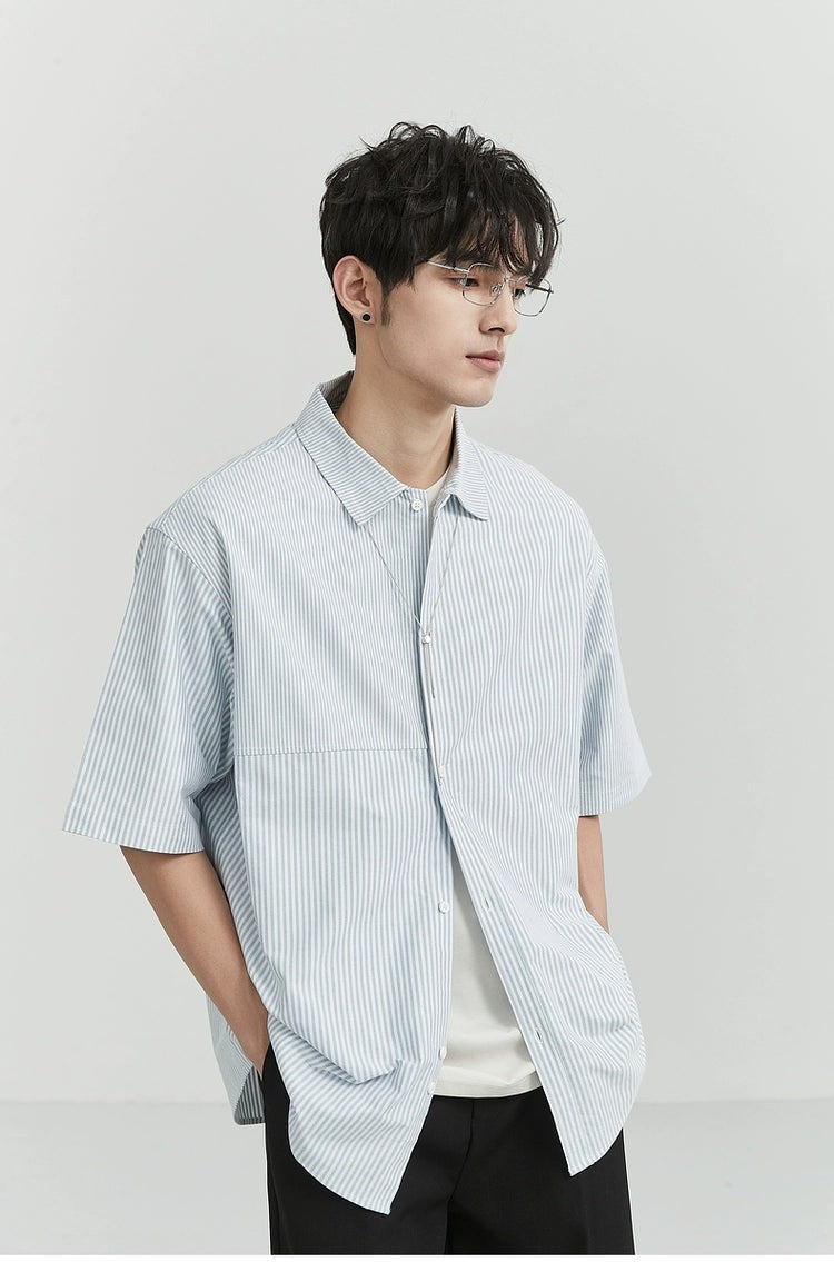 Oversized Narrow Striped Short-Sleeve Button-Up Shirt