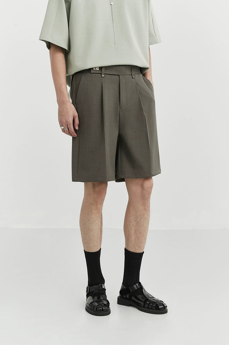 Pleated Tailored Bermuda Shorts with Belt Detail