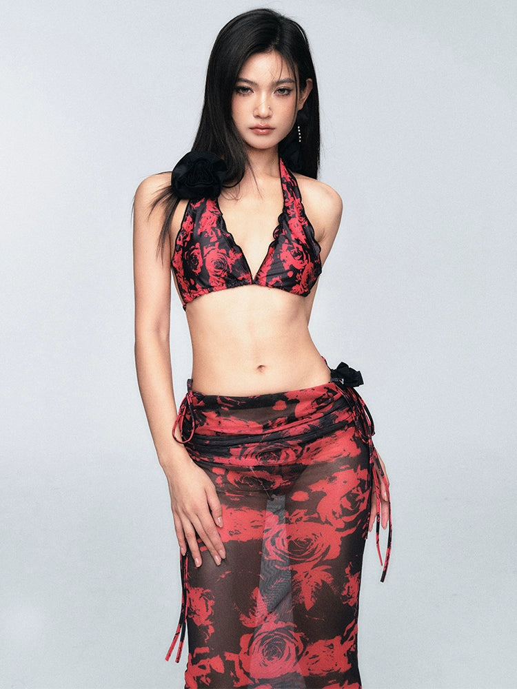 Rose-Print Bikini with Maxi Wrap Sarong Skirt Set