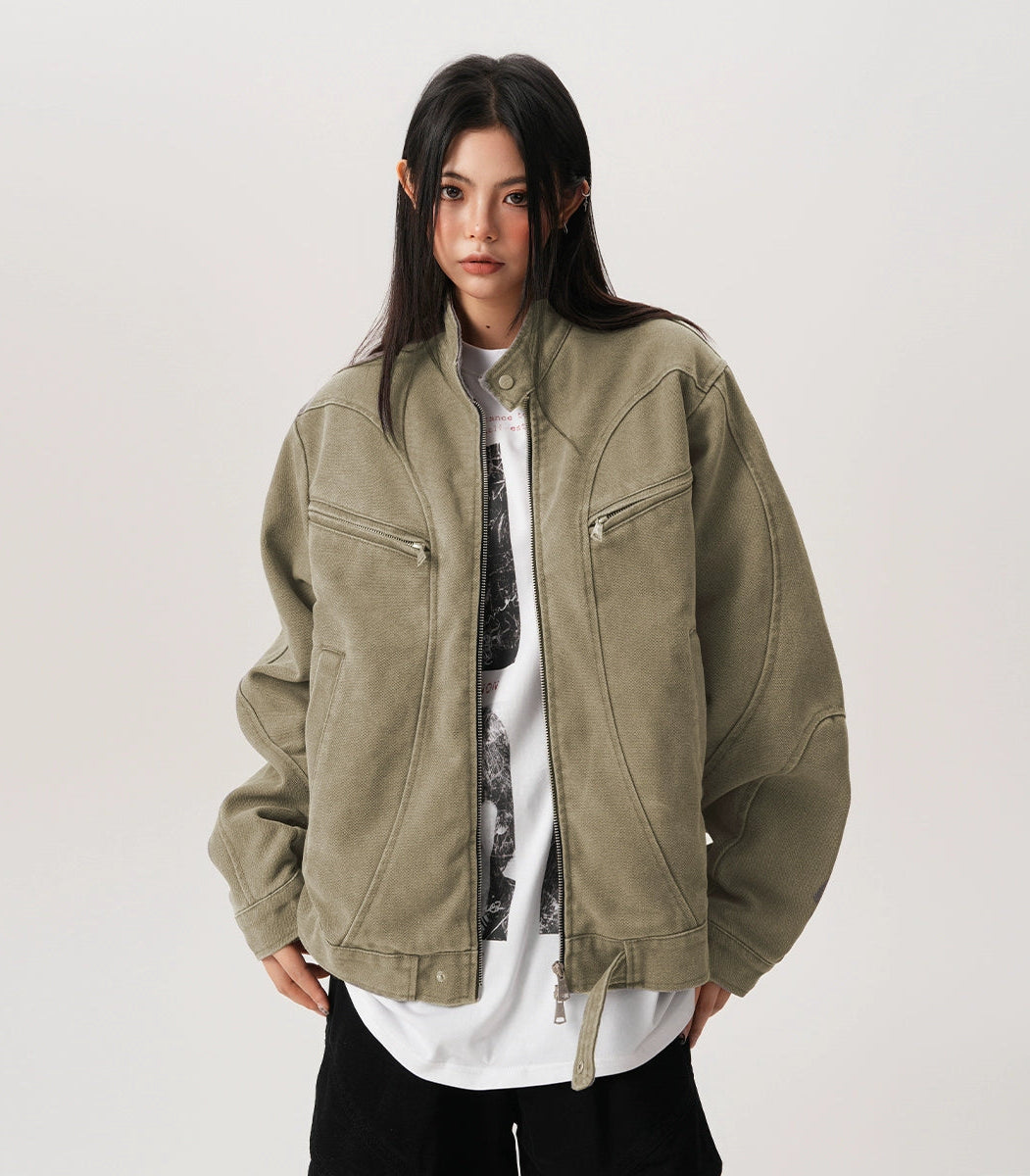 High Collar Drop Shoulder Jacket with Zip Pocket Details