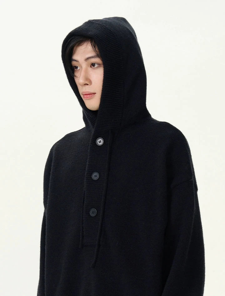 Textured Half Button Ribbed Hem Knit Hoodie