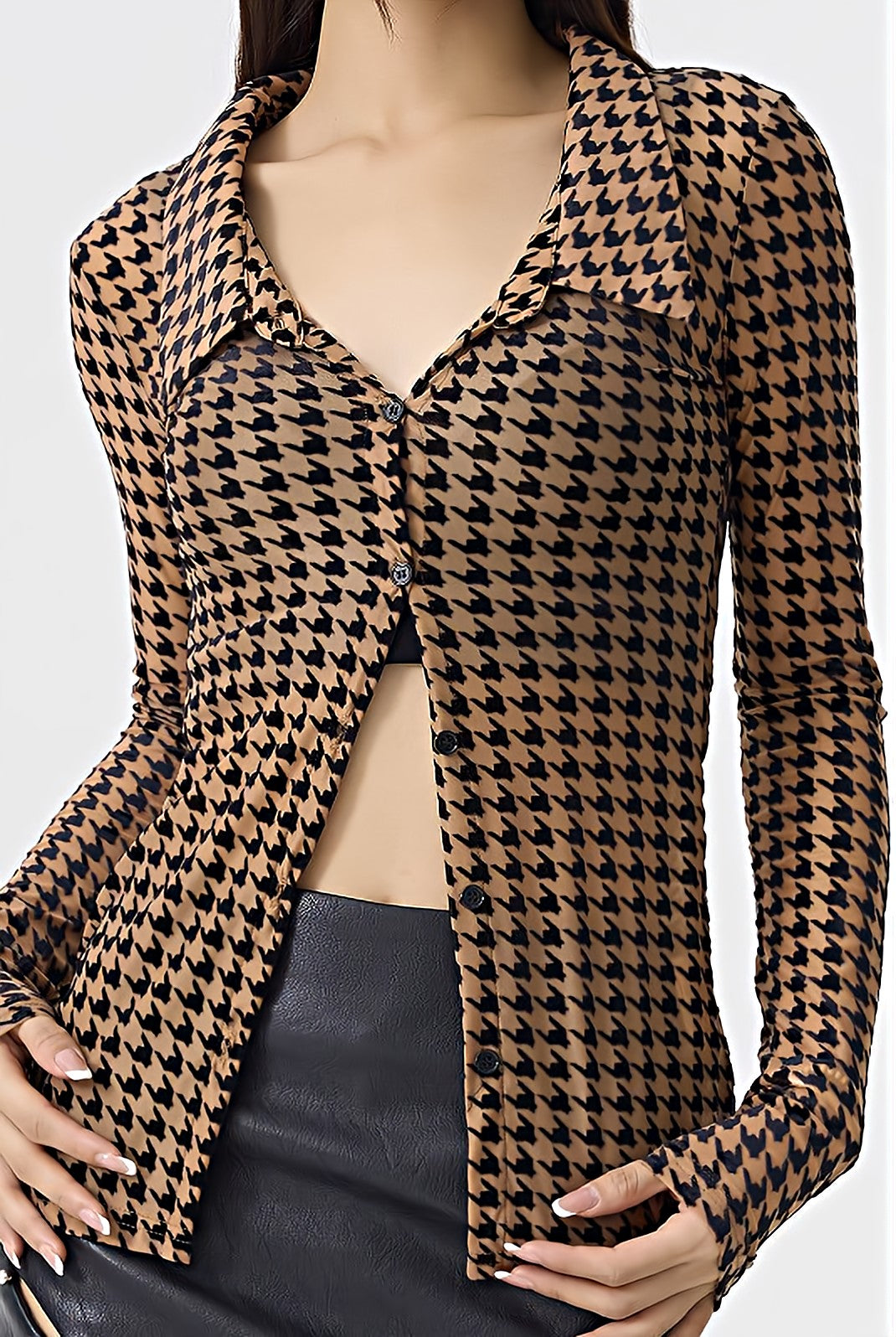 Skinny Houndstooth Button Shirt Blouse