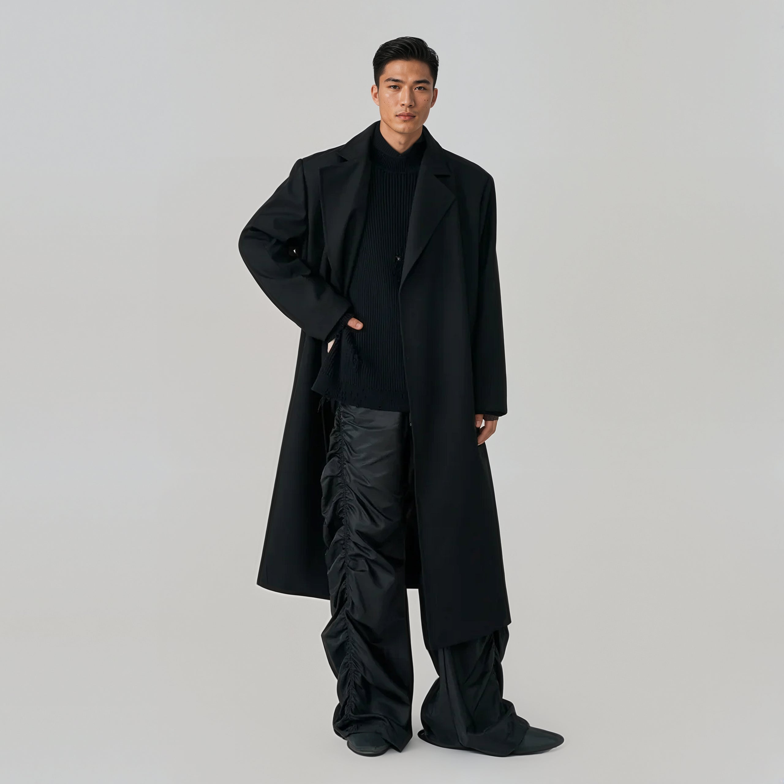 Longline Buttonless Overcoat with Notch Lapels