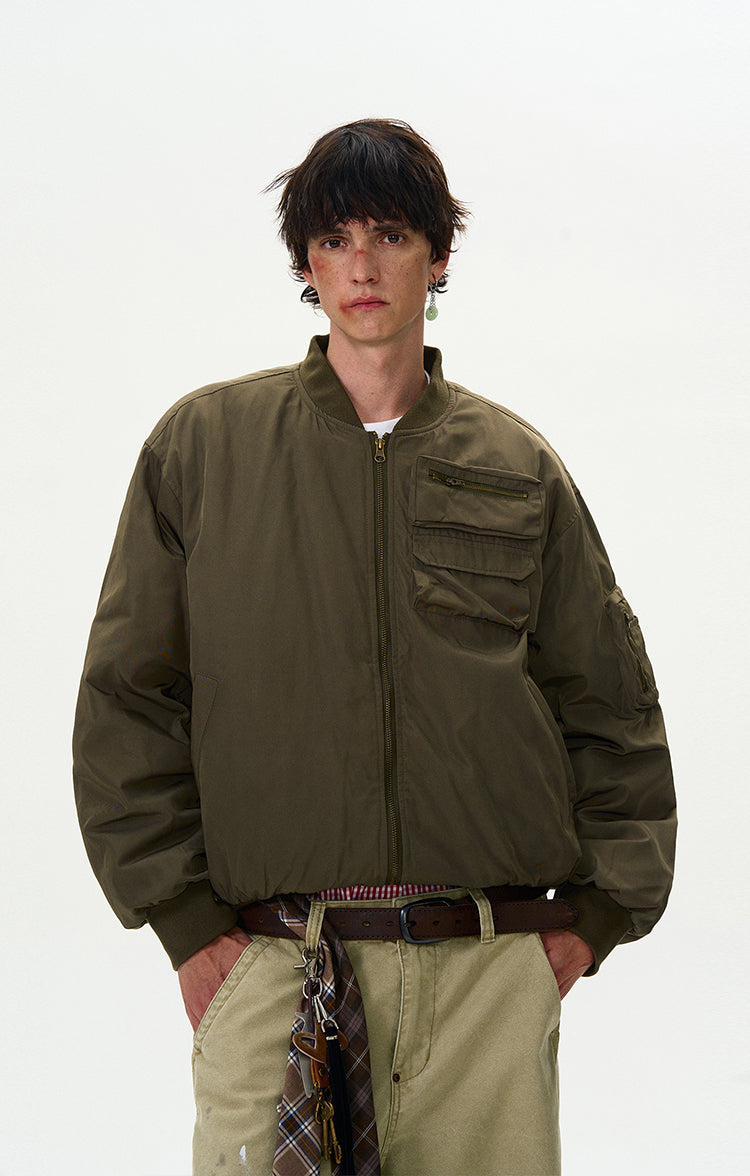 Drop Shoulder Oversized Bomber Jacket with Sleeve Zip Pocket