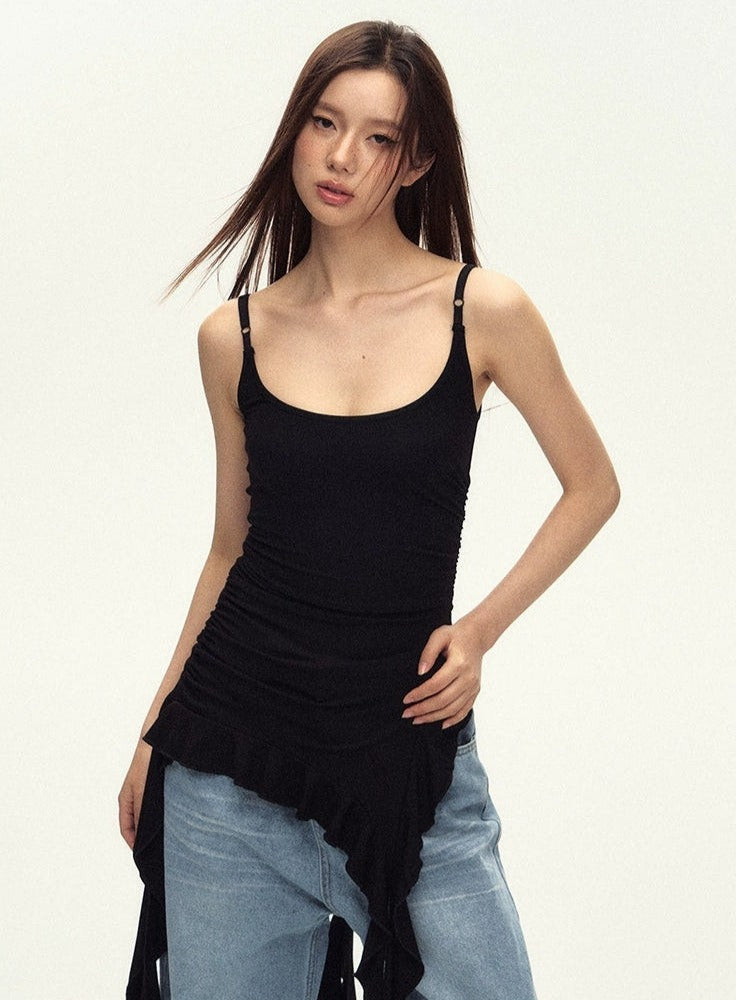 Sleeveless Asymmetric Tank Ruffle Tassel-Detail Dress