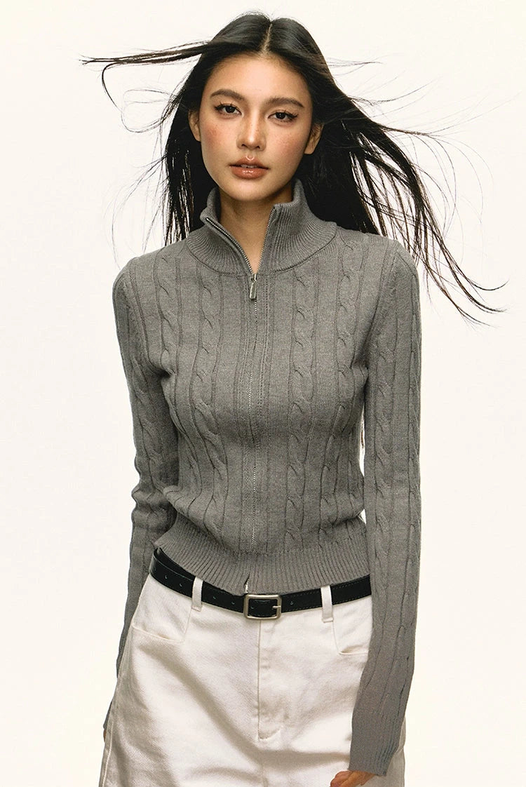 Cable Knit Slim Mock Neck Zip Jacket