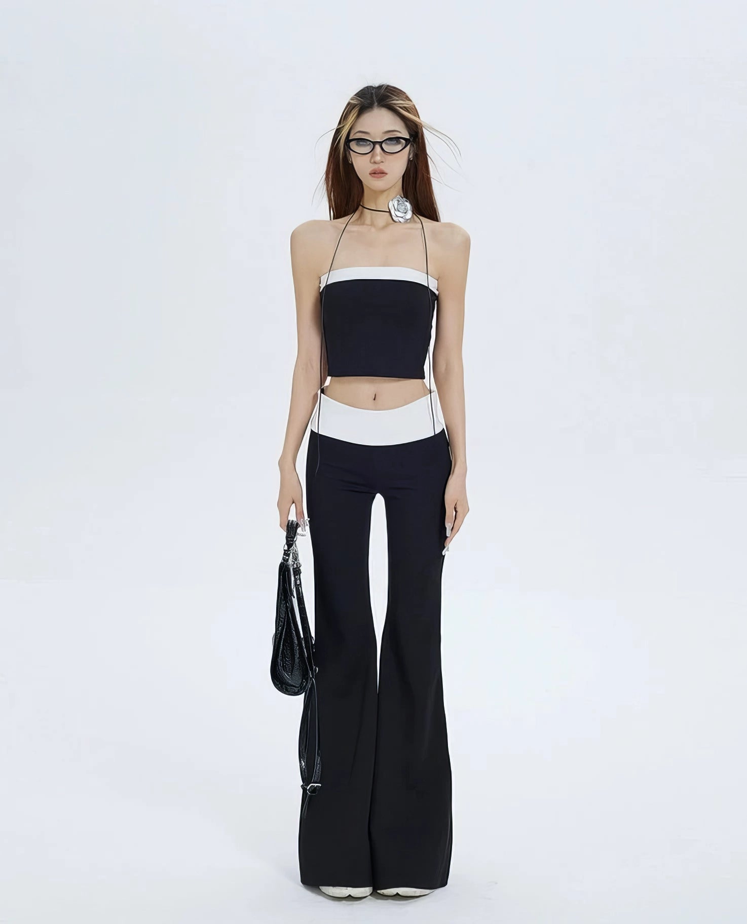 Sleeveless Crop Top and Color-Block Waistband Flare Pants Set