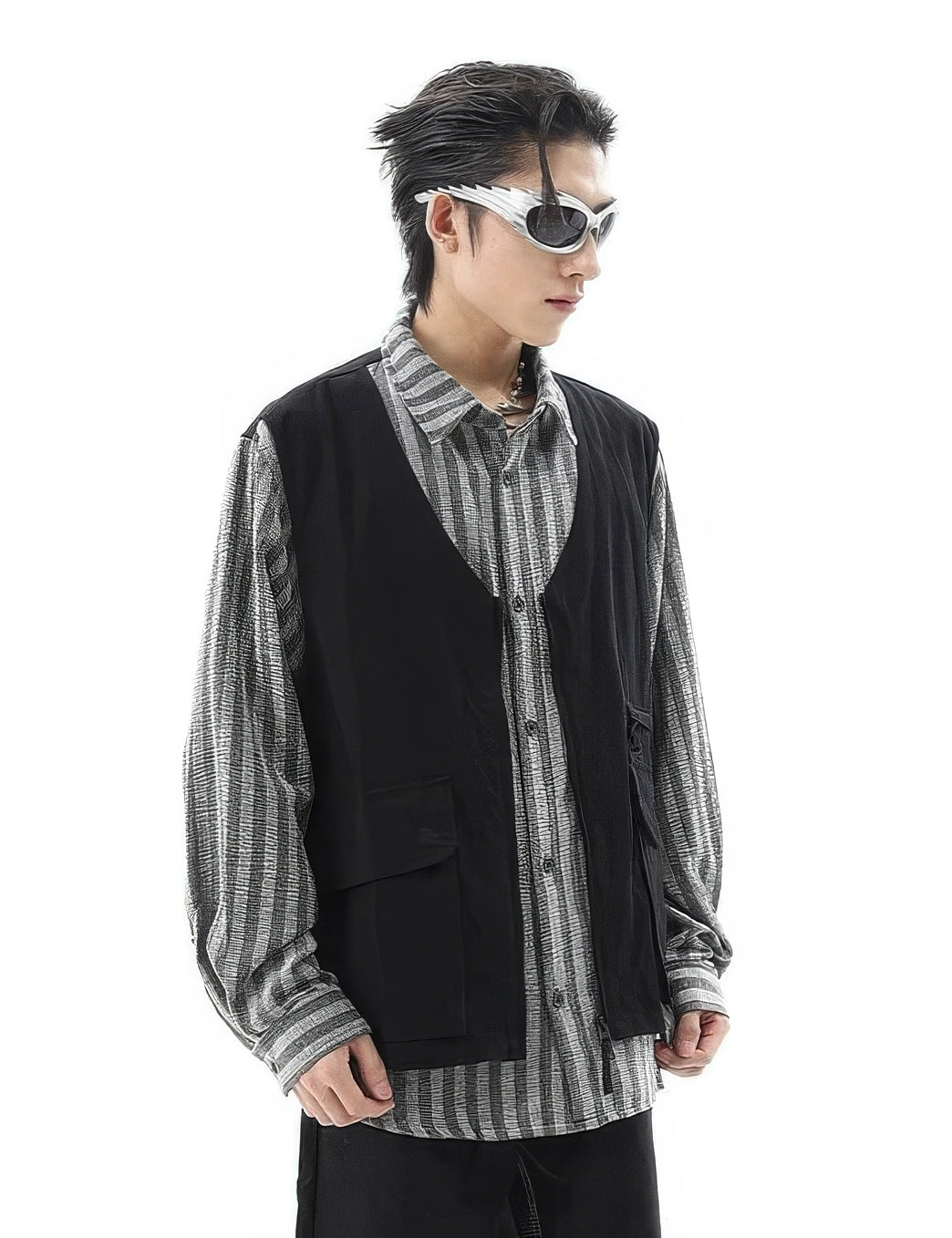 Striped Mock Layered Vest Long Sleeve Shirt